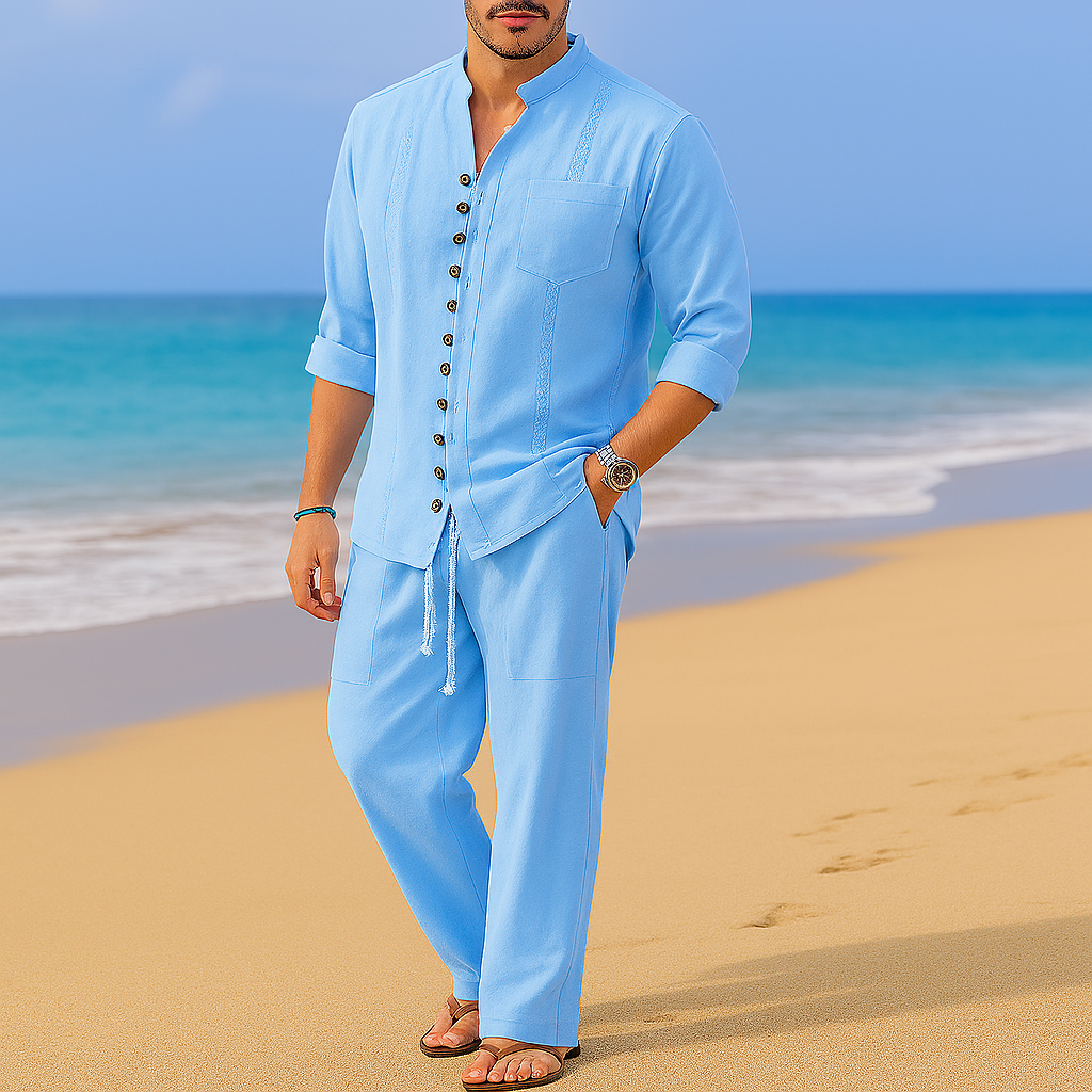 Men's Vintage Cotton Linen Blend Casual Pullover Shirt Sky Blue