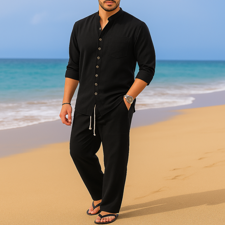 Men's Vintage Cotton Linen Blend Casual Pullover Shirt Black