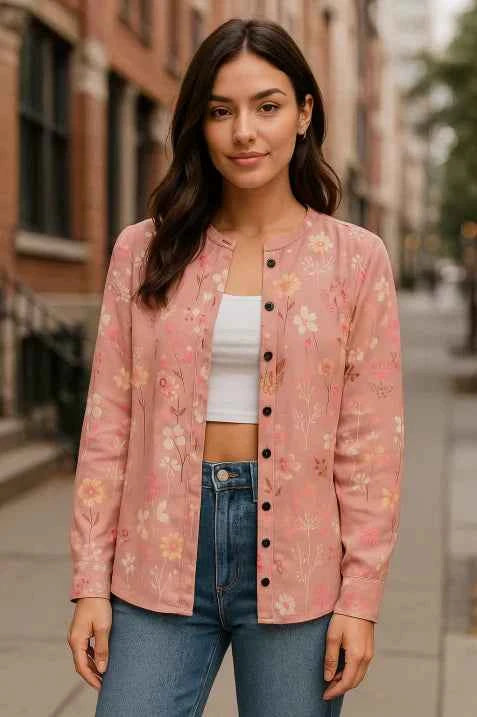 Women's Longline Floral Button-Up Cardigan Pink