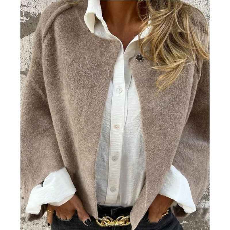 Chic Women's Short Wool Coat with Round Neck and Button Details