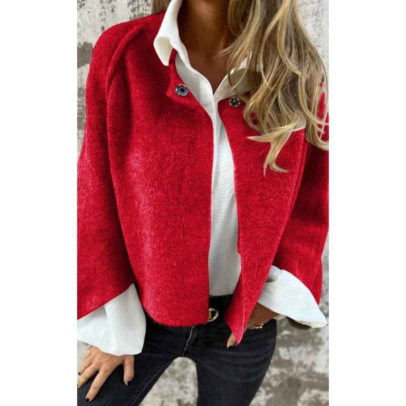 Chic Women's Short Wool Coat with Round Neck and Button Details Red