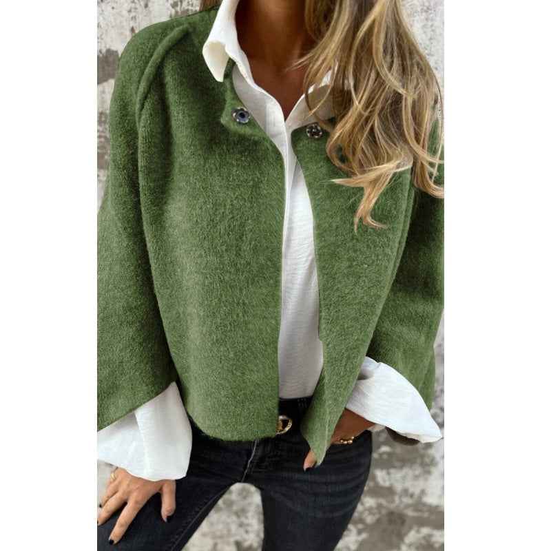Chic Women's Short Wool Coat with Round Neck and Button Details Green