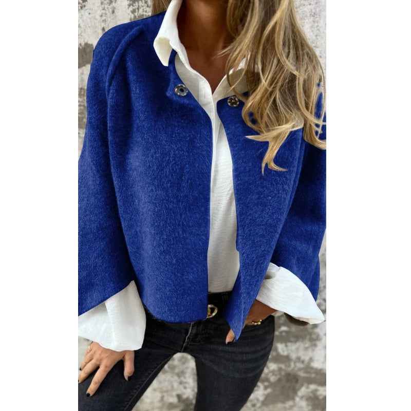 Chic Women's Short Wool Coat with Round Neck and Button Details Blue
