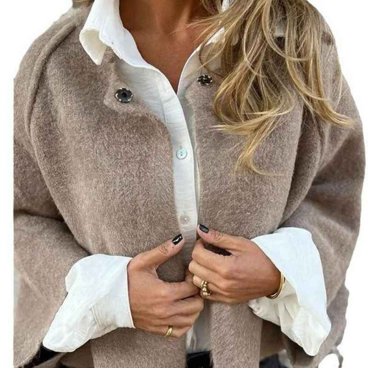 Chic Women's Short Wool Coat with Round Neck and Button Details