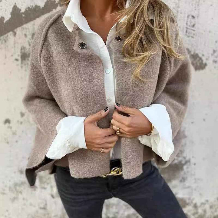 Chic Women's Short Wool Coat with Round Neck and Button Details Khaki