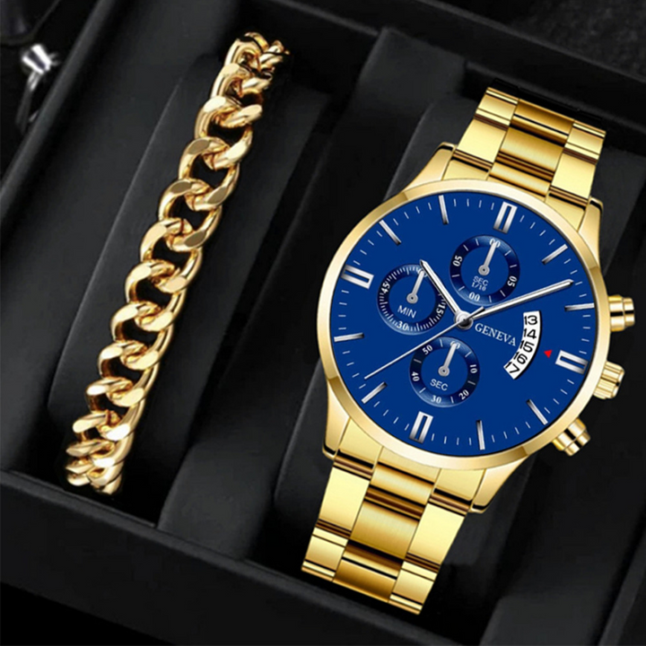 ChronoLink Elegant Watch Set Gold Blue