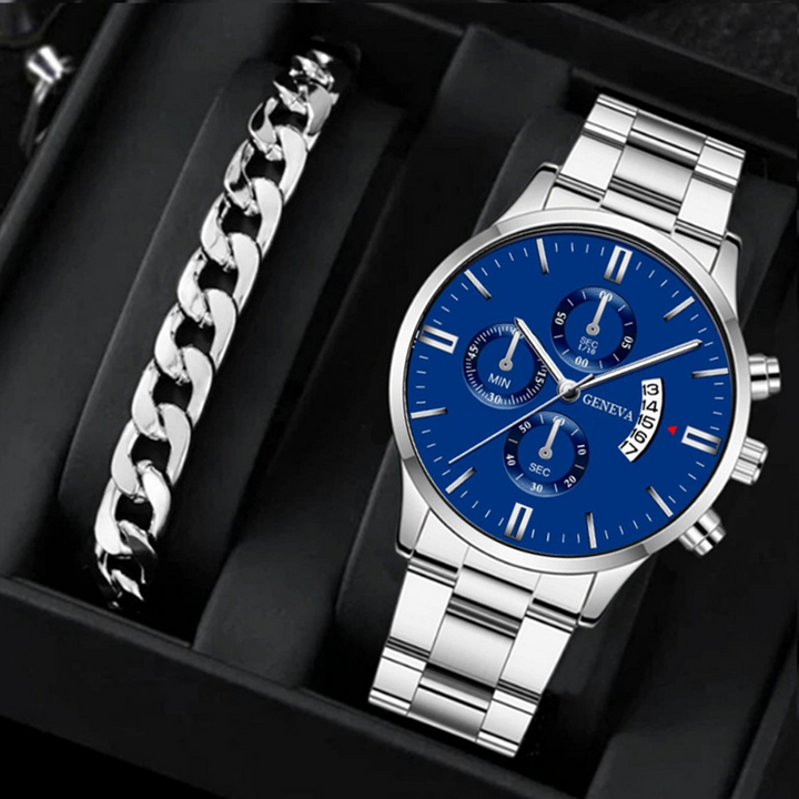 ChronoLink Elegant Watch Set Silver Blue