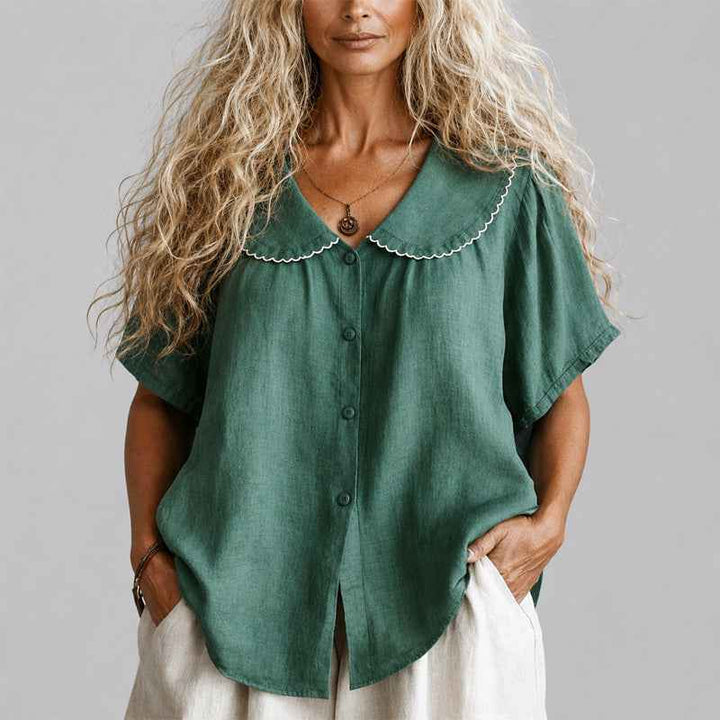 Women's Scalloped Collar Linen Blend Button-Up Shirt