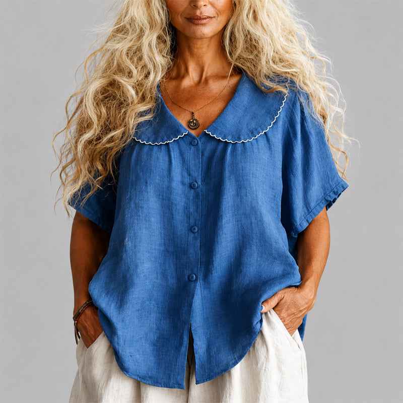 Women's Scalloped Collar Linen Blend Button-Up Shirt