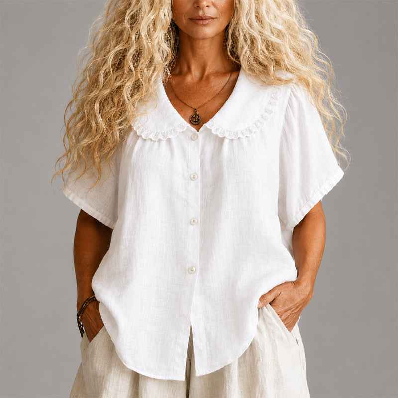 Women's Scalloped Collar Linen Blend Button-Up Shirt