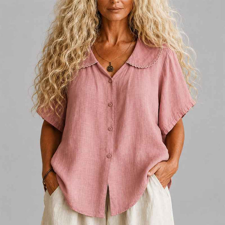 Women's Scalloped Collar Linen Blend Button-Up Shirt