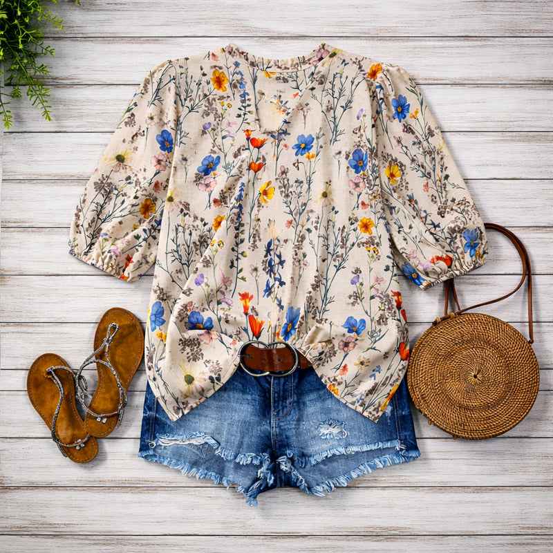 Women's Floral Bubble Sleeve Blouse