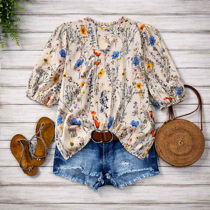 Women's Floral Bubble Sleeve Blouse