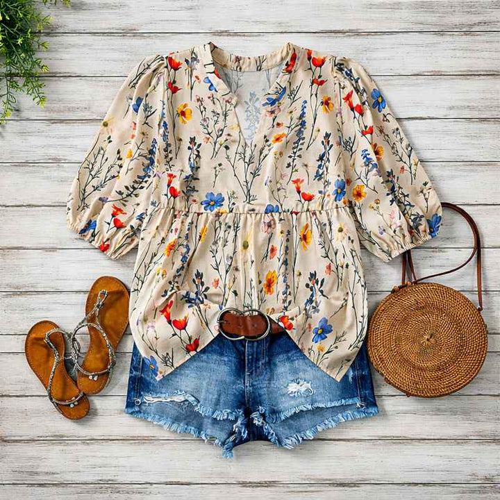 Women's Floral Bubble Sleeve Blouse