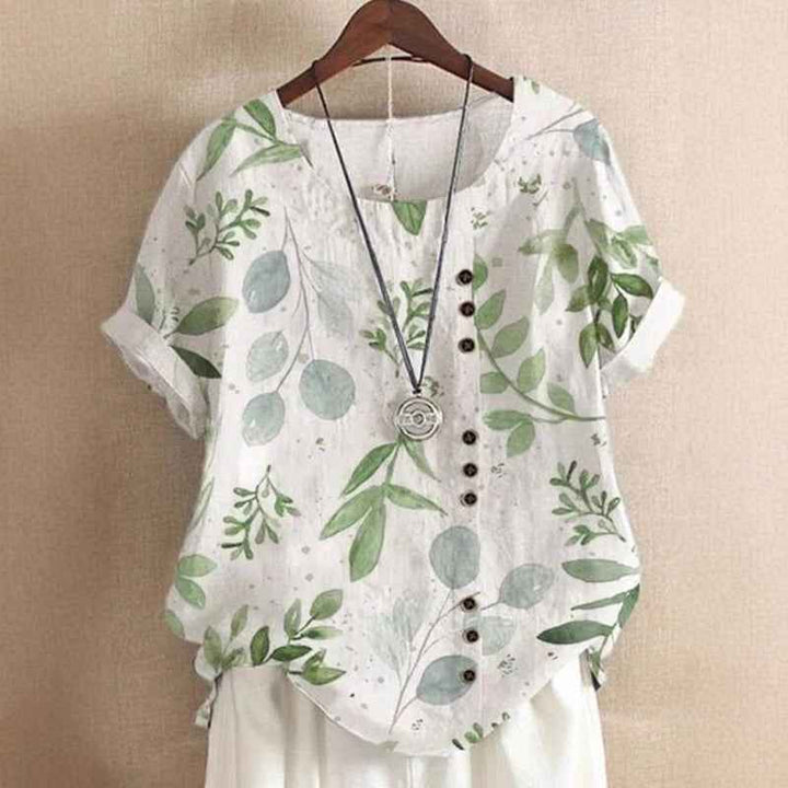 Women's Leaf Print Top with Round Neck