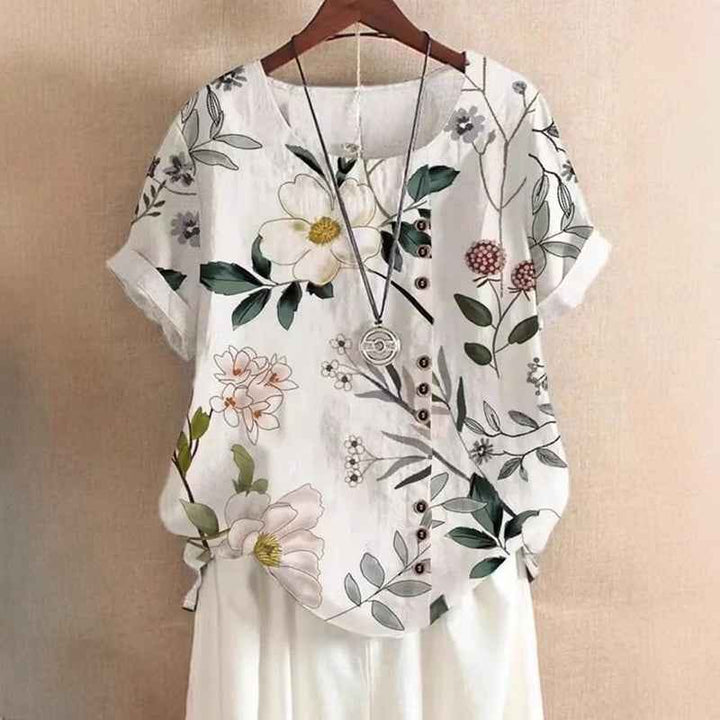 Women's Leaf Print Top with Round Neck