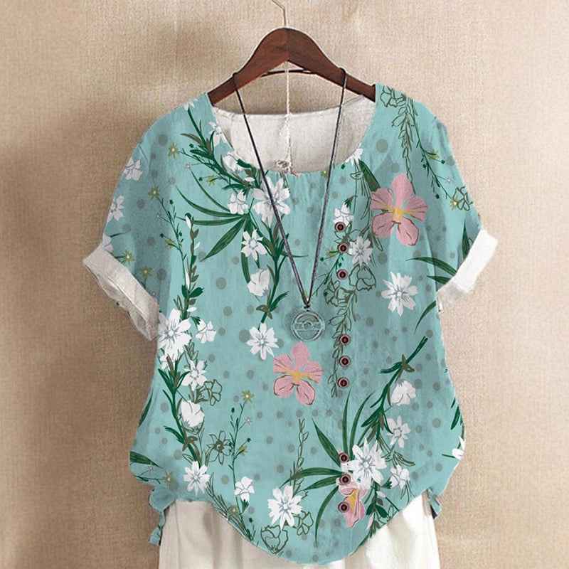 Women's Leaf Print Top with Round Neck