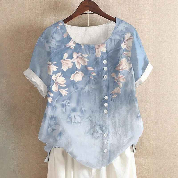 Women's Leaf Print Top with Round Neck