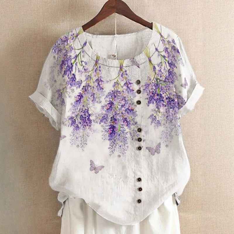 Women's Leaf Print Top with Round Neck