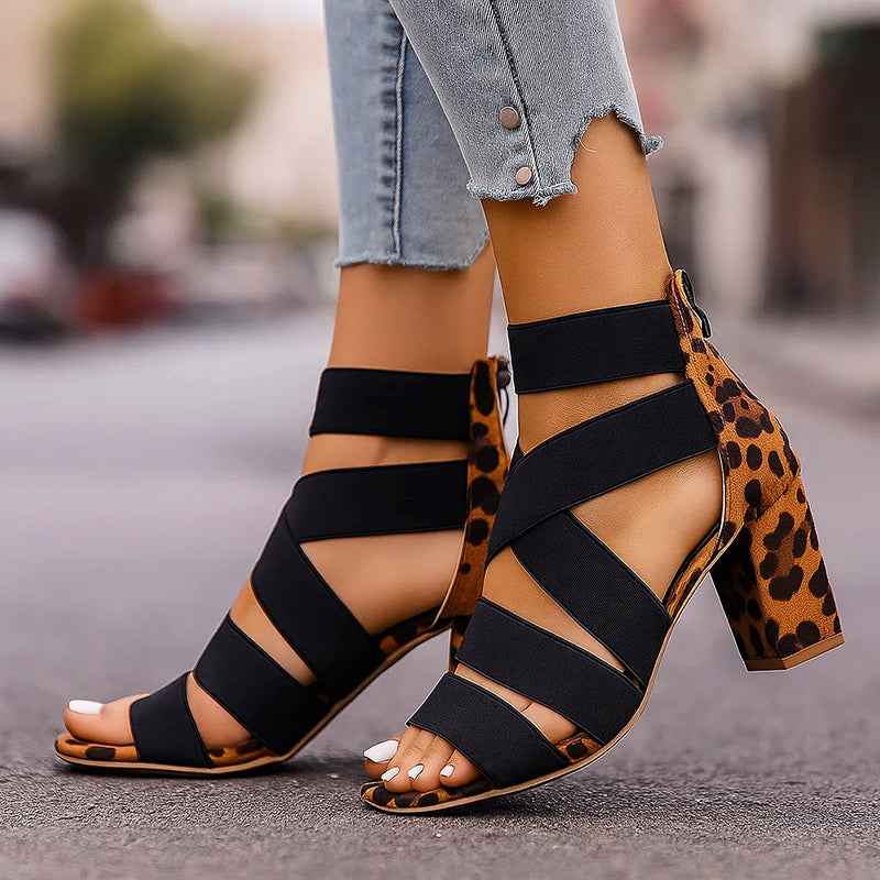 Women's Leopard Print Elastic Strap Heels