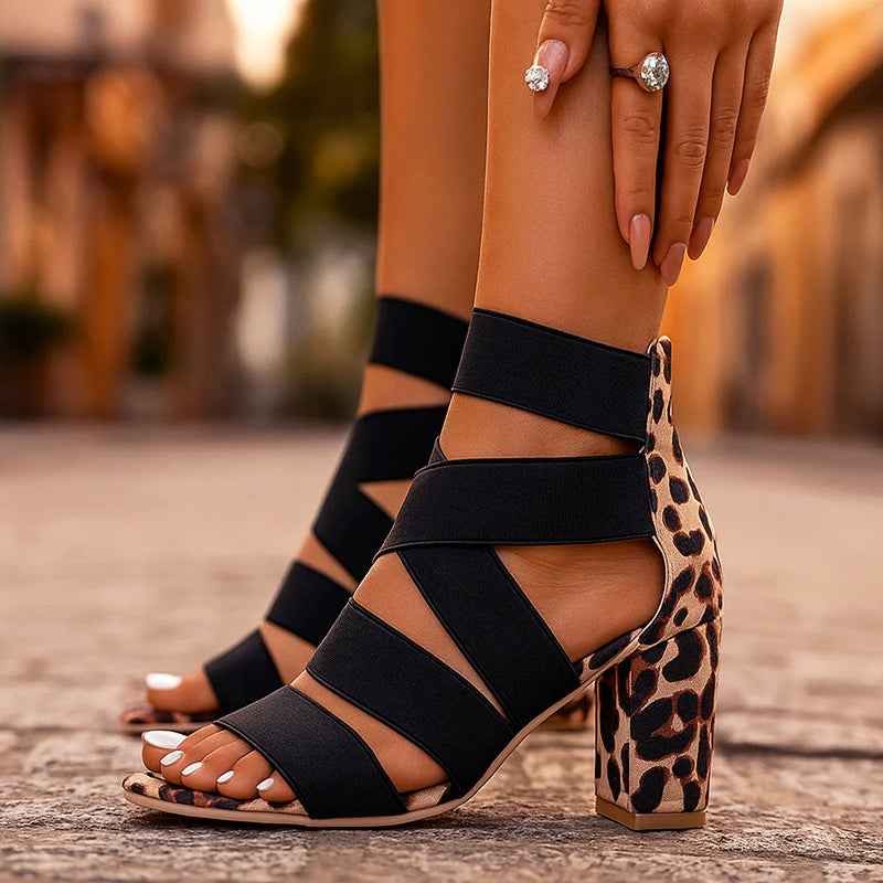Women's Leopard Print Elastic Strap Heels