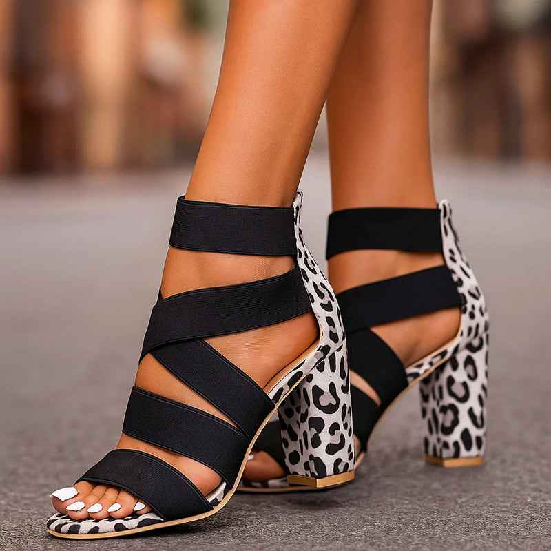 Women's Leopard Print Elastic Strap Heels