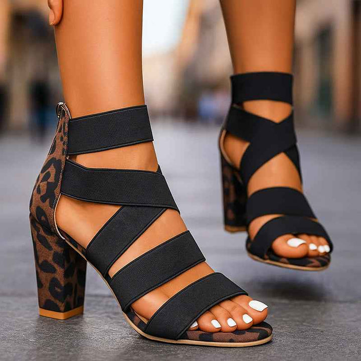 Women's Leopard Print Elastic Strap Heels
