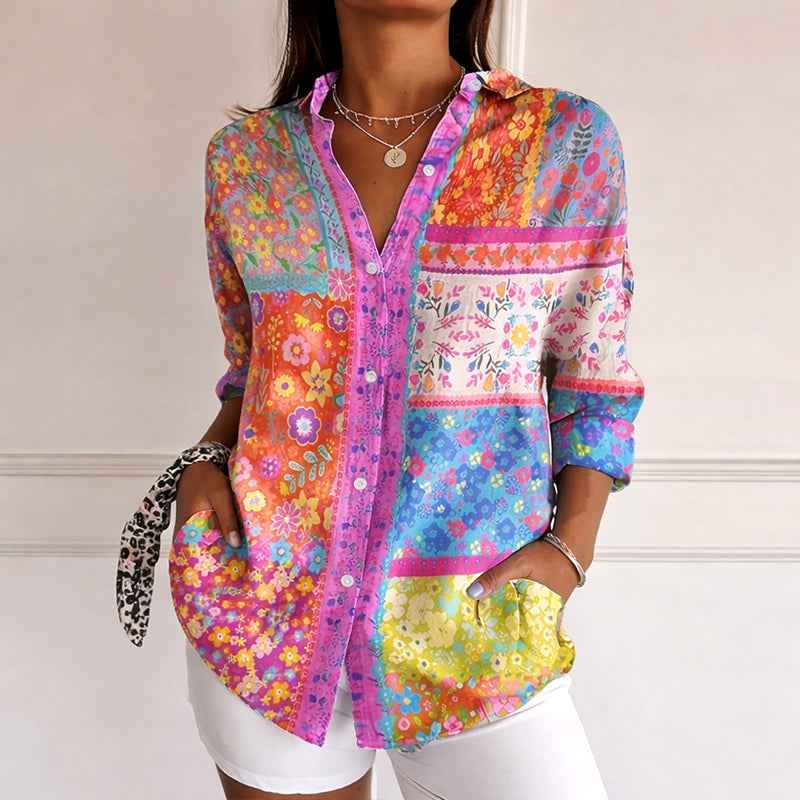 Women's Patchwork Floral Button-Up Blouse