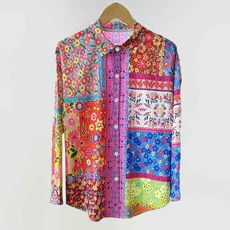 Women's Patchwork Floral Button-Up Blouse