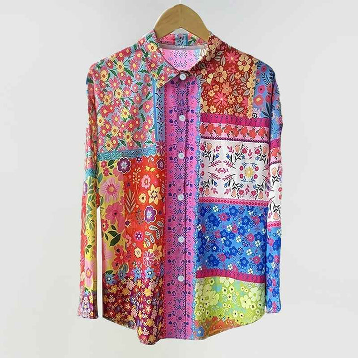 Women's Patchwork Floral Button-Up Blouse