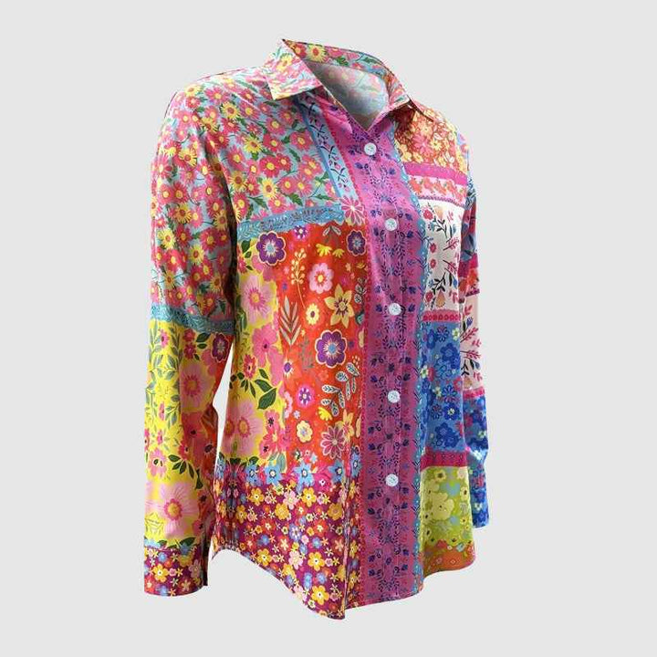 Women's Patchwork Floral Button-Up Blouse