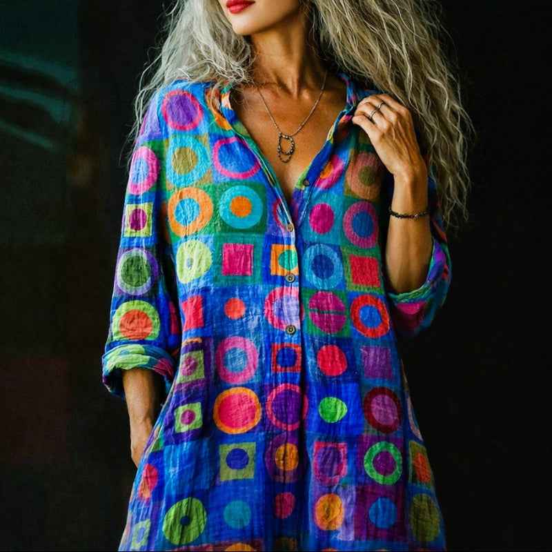 Women's Retro Multicolor Circle Print Blouse