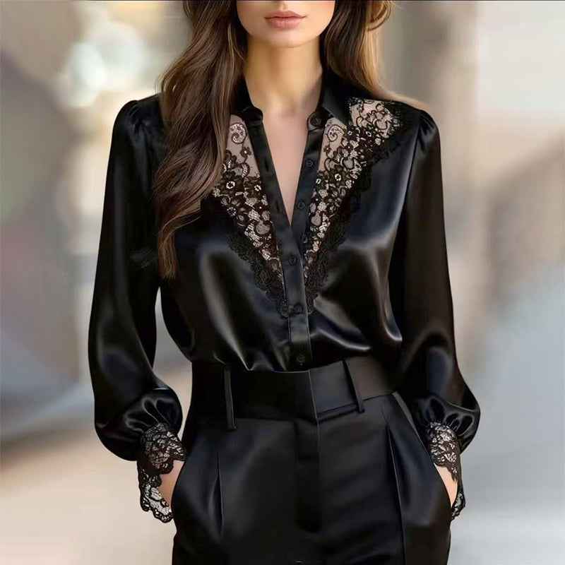 Women's Satin Blouse with Lace Trim