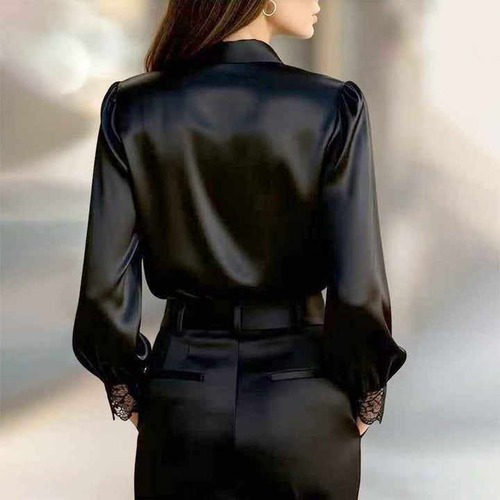 Women's Satin Blouse with Lace Trim