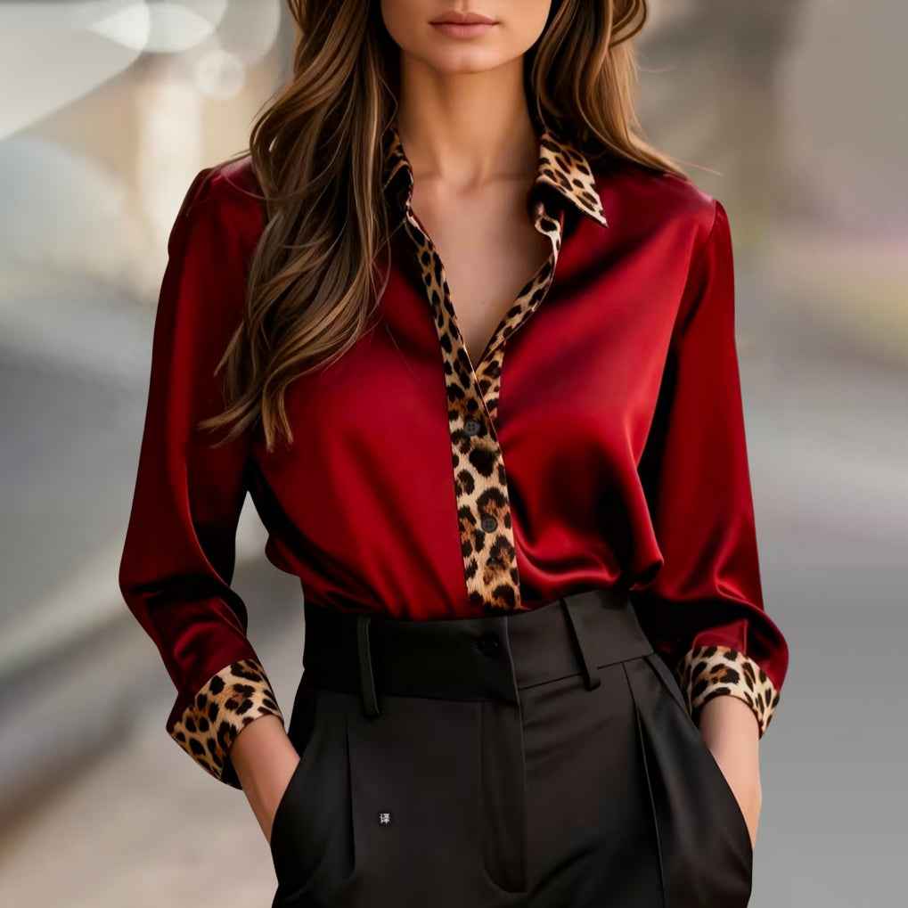 Women's Satin Blouse with Leopard Print Trim