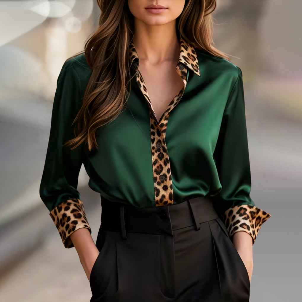 Women's Satin Blouse with Leopard Print Trim