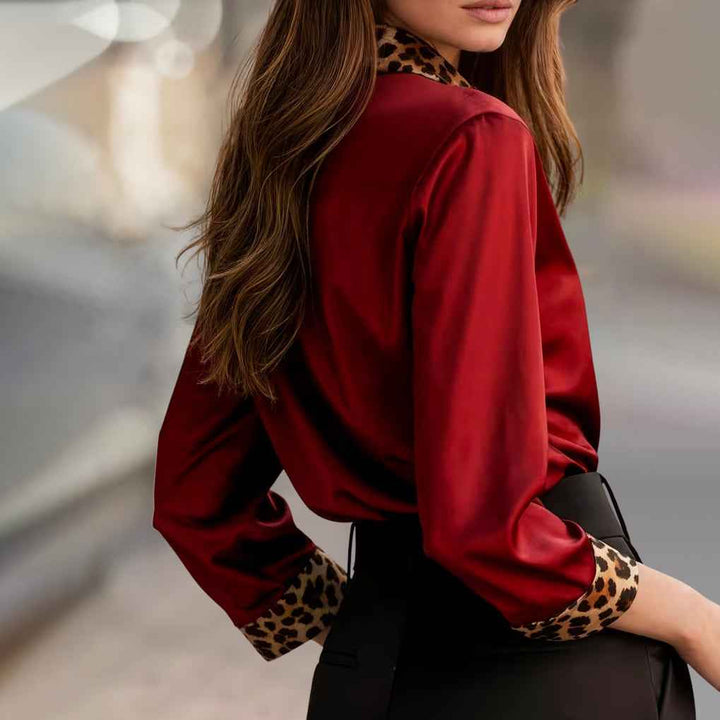 Women's Satin Blouse with Leopard Print Trim