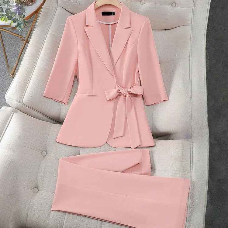Women's Tailored Blazer Set with Waist Tie