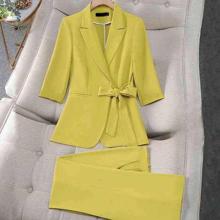 Women's Tailored Blazer Set with Waist Tie