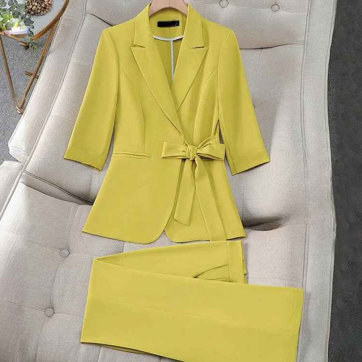 Women's Tailored Blazer Set with Waist Tie