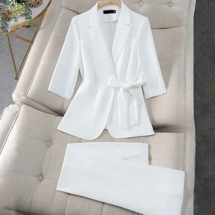 Women's Tailored Blazer Set with Waist Tie