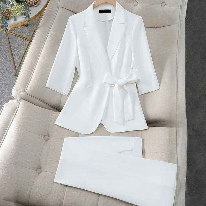Women's Tailored Blazer Set with Waist Tie