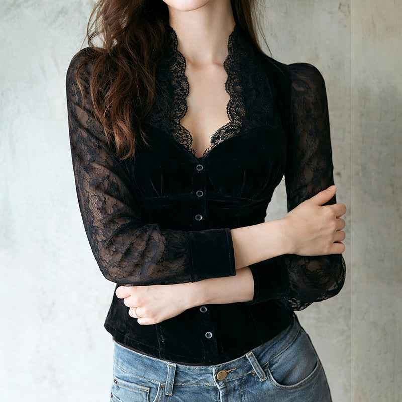 Women's Velvet Blouse with Lace Sleeves