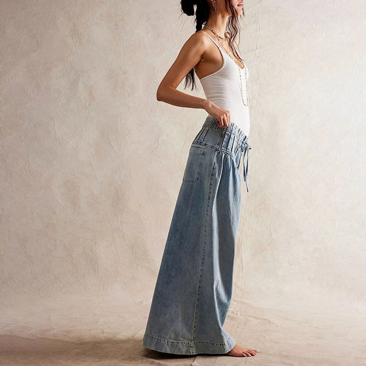 Damskie szerokie spodnie dżinsowe z chambray