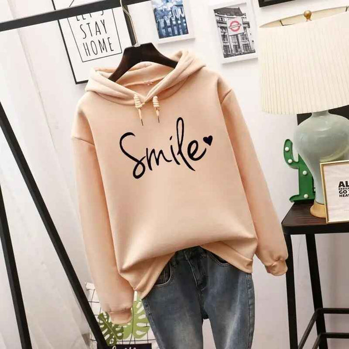 Women's Relaxed Fit Hoodie with Smile Graphic - Long Sleeve Casual Streetwear Apricot