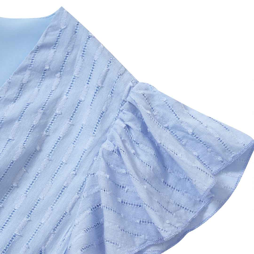 Women's Elegant Midi Dress - Tailored Fit, V-Neck, Short Puff Sleeves