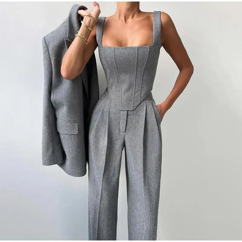 Comfy 3-Piece Women's Set - Blazer, Pants, and Corset Top Gray