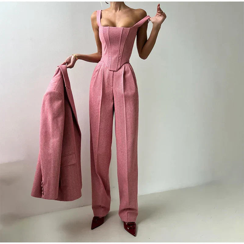 Comfy 3-Piece Women's Set - Blazer, Pants, and Corset Top Pink