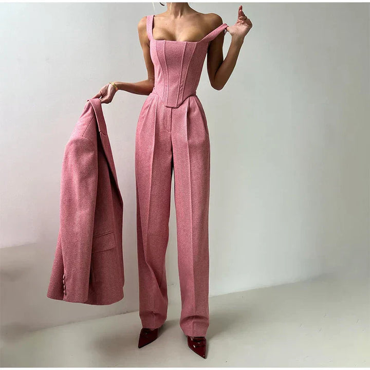Comfy 3-Piece Women's Set - Blazer, Pants, and Corset Top Pink