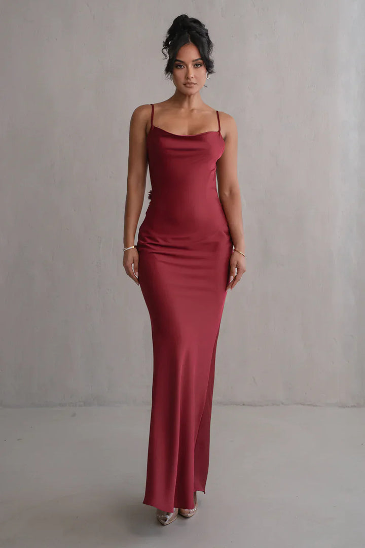 Concetta | Women's Elegant Maxi Dress with Open Back & Cowl Neck Red